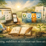 Illustratie van de verfijning en groei van de website Stem uit de Aarde, met natuur, elementen, digitale schermen, een open notitieboek en een jonge plant als symbool voor stabiliteit, bewustzijn en verdere uitbouw.