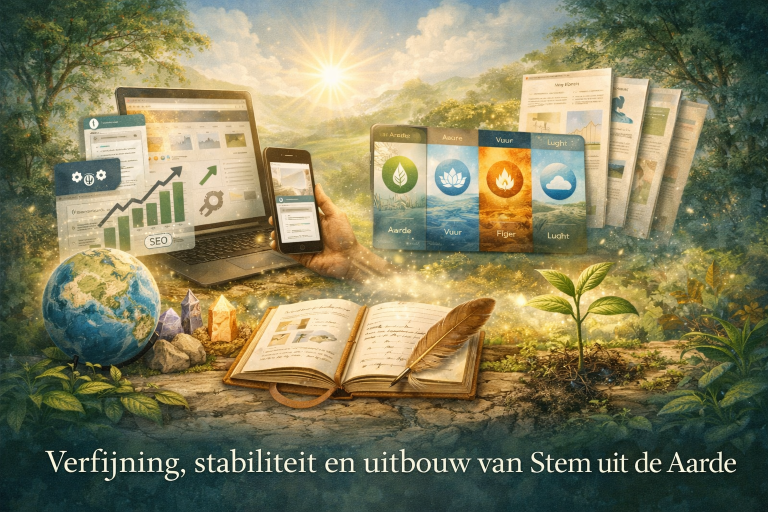 Illustratie van de verfijning en groei van de website Stem uit de Aarde, met natuur, elementen, digitale schermen, een open notitieboek en een jonge plant als symbool voor stabiliteit, bewustzijn en verdere uitbouw.