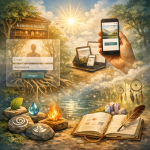 Illustratie van een spirituele website in groei, met natuur, elementen, een mobiel scherm, een inlogomgeving en een open notitieboek als symbool voor verdieping en innerlijke ontwikkeling.