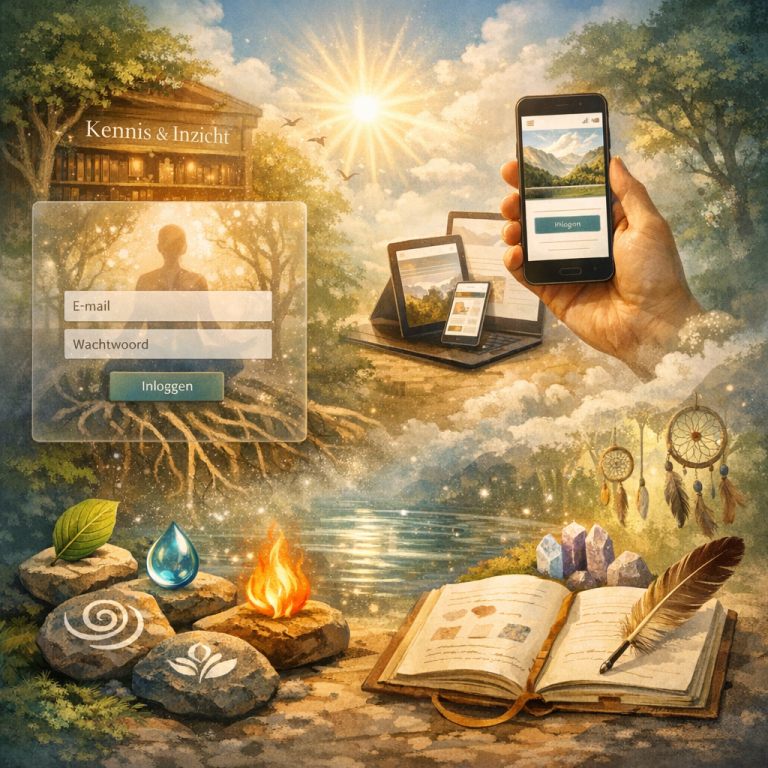 Illustratie van een spirituele website in groei, met natuur, elementen, een mobiel scherm, een inlogomgeving en een open notitieboek als symbool voor verdieping en innerlijke ontwikkeling.