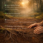 Zonslicht door een stil bos met handen in de aarde en zichtbare wortels, symbool voor een levende aarde en verbondenheid tussen mens en natuur.