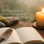 Open notitieboek op een houten tafel in de natuur, met een kaars en veerpen, symbool voor aandacht, stilte en waarneming.