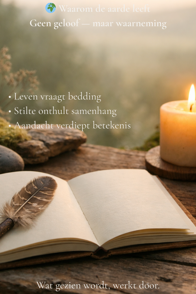 Open notitieboek op een houten tafel in de natuur, met een kaars en veerpen, symbool voor aandacht, stilte en waarneming.