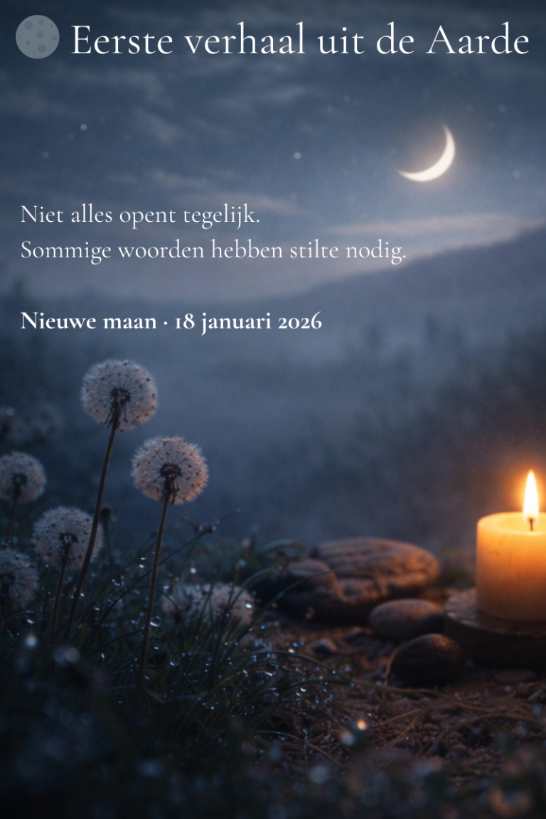 Nachtelijk natuurbeeld met een maansikkel, een brandende kaars en bloemen in het gras, symbool voor stilte, aandacht en een nieuw begin.