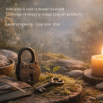 Natuurtafereel met een kaars, sleutel en hangslot op mos en steen, symbool voor bescherming, rust en zorgvuldige toegang.