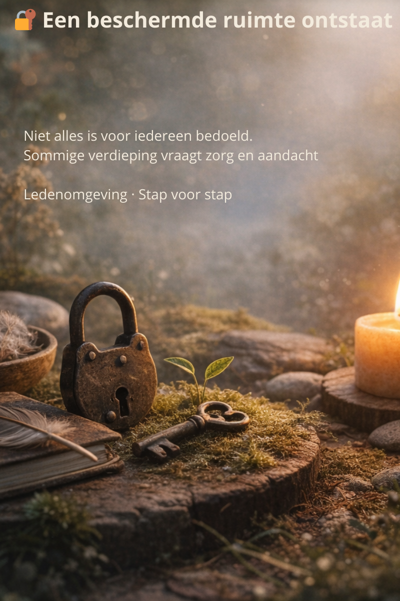 Natuurtafereel met een kaars, sleutel en hangslot op mos en steen, symbool voor bescherming, rust en zorgvuldige toegang.