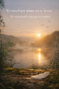 Zonsopkomst boven een mistige rivier met dauw op een spinnenweb en een witte veer op de aarde, in een rustige natuurlijke omgeving.