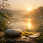Rustige natuurscène bij zonsopkomst met steen, waterdruppel en ochtendlicht, symbool voor stilte, aandacht en verbonden leven.