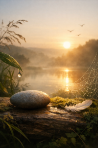 Rustige natuurscène bij zonsopkomst met steen, waterdruppel en ochtendlicht, symbool voor stilte, aandacht en verbonden leven.